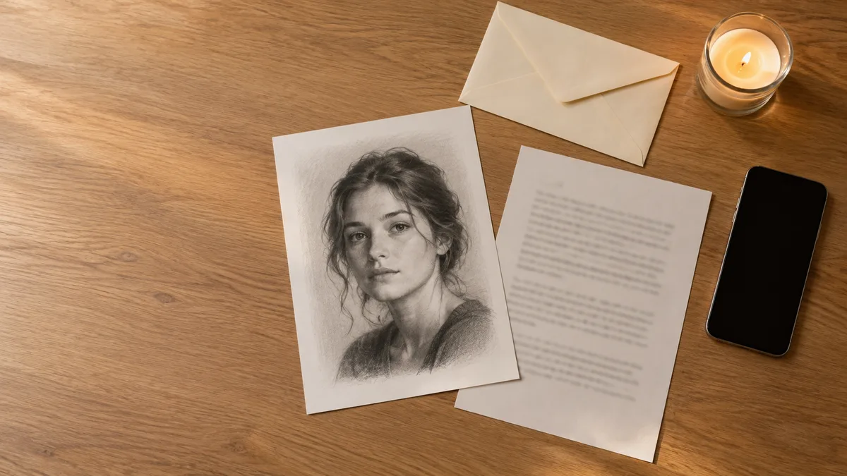 Desk flat lay with a printed pencil-style portrait, a printed reading and an envelope, illustrating what the Tina Aldea package includes